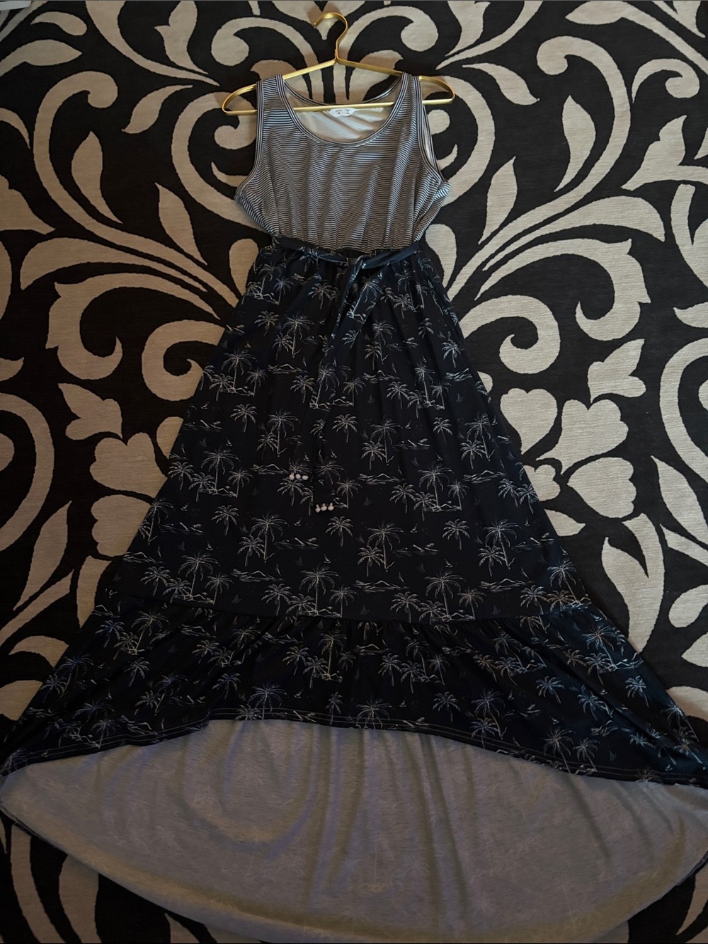 Navy Palm-Print High-Low Maxi Skirt